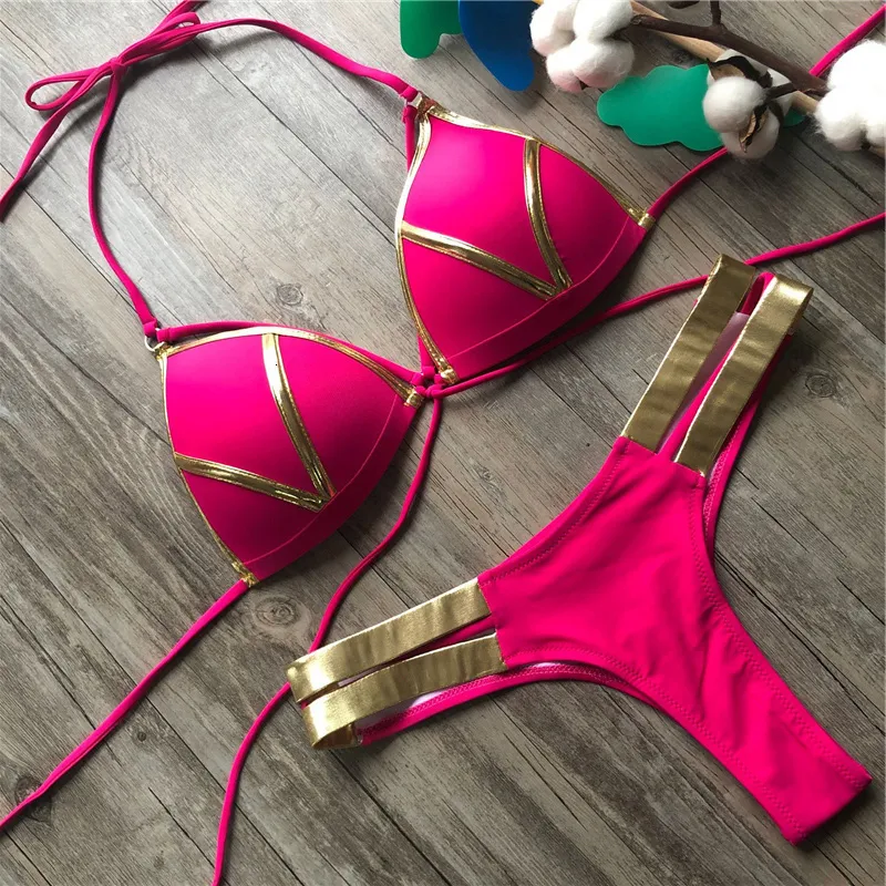 Damen-Bademode, rote Badebekleidung, Push-Up-Badeanzug, Damen-Halter, Biquini, gepolsterter Badeanzug, Goldprägung, brasilianischer Bikini-Set, Tanga, sexy Bikini 230519