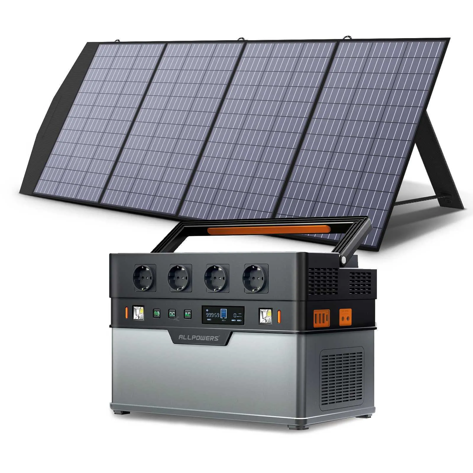 ALLPOWERS Stazione di energia solare portatile 700W / 1500W Generatori esterni Batteria 110/230V Backup con pannello solare mobile da 200W