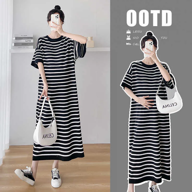 Summer Striped Knitted Maternity Long Dress Casual Loose Straight Clothes for Pregnant Women Pregnancy Ice Cool