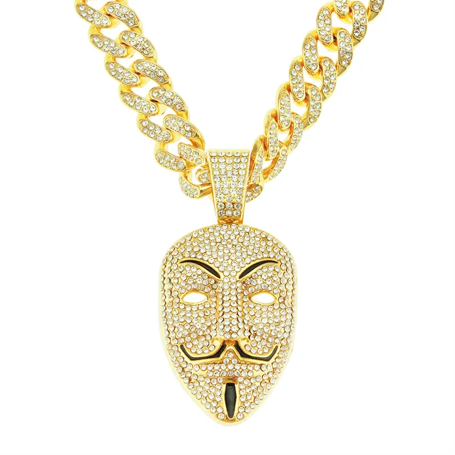 Halskette für Herren, kubanische Glieder-Goldketten, Iced-Out-Schmuck, 3D-Volldiamant-Halskette mit übertriebenem Maskenanhänger