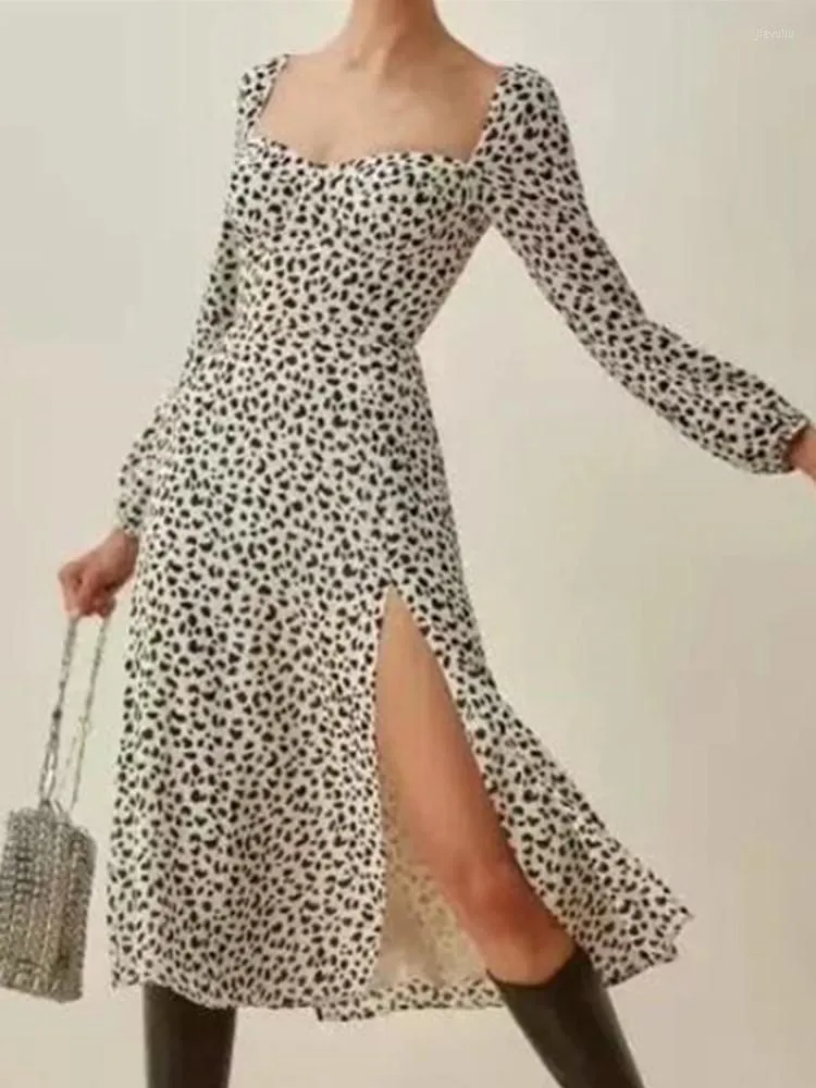 Casual Dresses Reto French Dot Leopard Print Puff Long Sleeve Midi Dress Retro Woman Square Collar Hem Slit Holdiay Robe Vestido