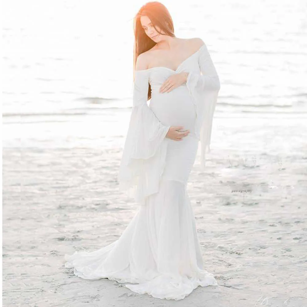 New Maternity Photography Prop Pregnancy Long Sleeve Cotton Chiffon Maternity Sexy Strapless Gown Photo Shoot Pregnant Dress