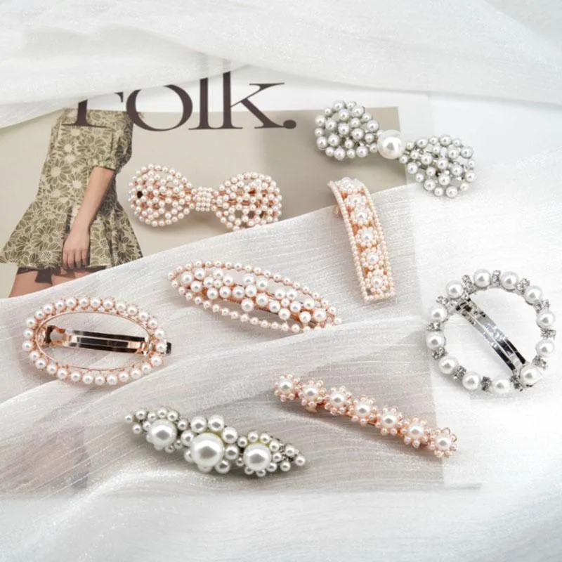 Hårklämmor Barrettes Luxury Geometric Pearl Side Clip Bow Prydnader gör gamla hårnålguld liten söt