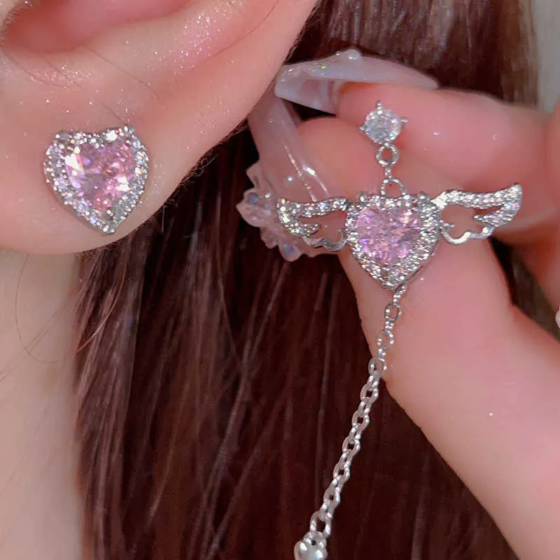 Charm Jwer Hearts Wings Earring For Women Pink Rhinestone Set Long Heart Pendant Earring Trend Silver Color Couples Party Present SMEEXKE AA230518