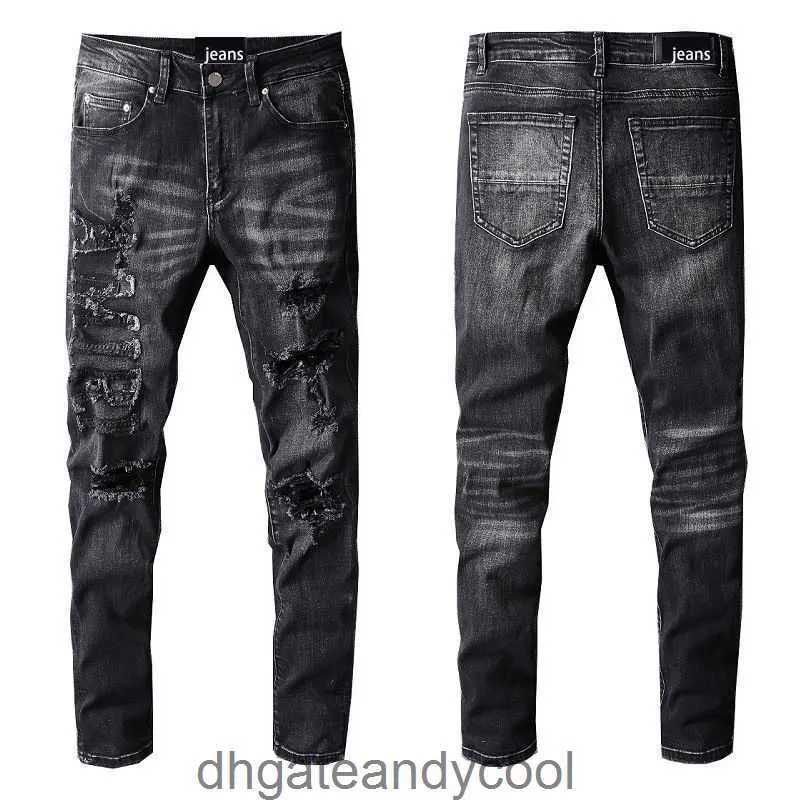 Marca Denim Amirres Jeans Designer Calças Homem Tendência High Street Moda Novo Buraco Preto Elástico Slim Fit Pequena Perna Jeans 698 99MP