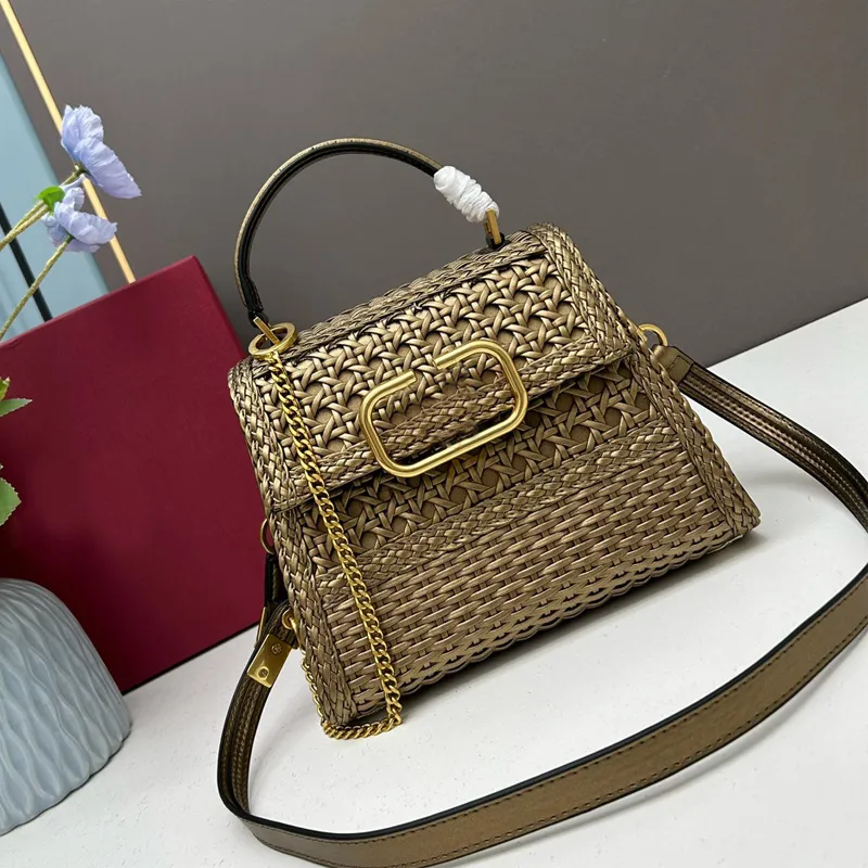 Handwoven Briefcase Handheld Tote Bag with Chain Decoration, Gold ...