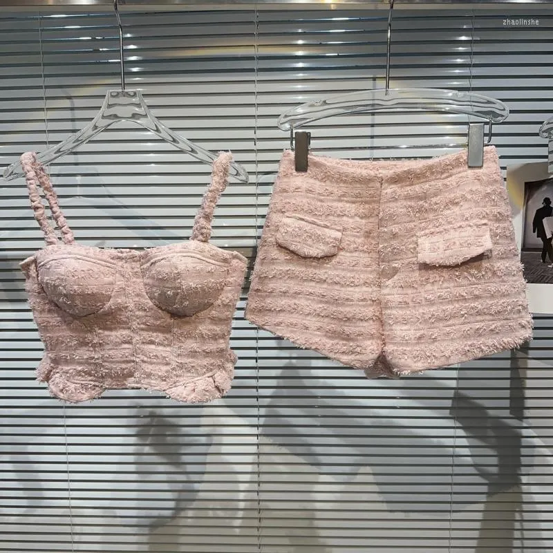 Kvinnors träningsdräkter PREPOMP 2023 Summer Ankomst ärmlös tweed camisole tank top rosa shorts Två stycken Set Women Outfits 446