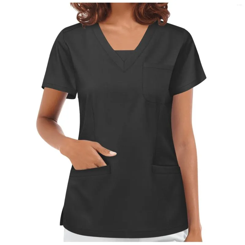 Women's Blouses 2023 Dames Blouse Korte mouw V-hals Pocket Care Workers Tops Blusas Summer Workwear Top Solid Uniform Clinic Femme