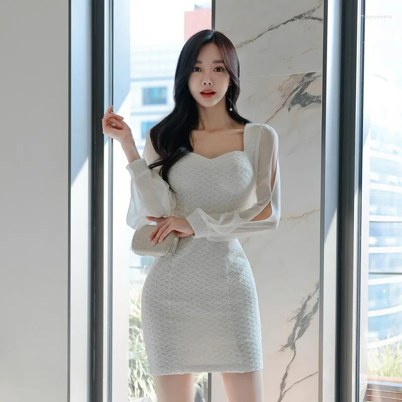 Casual Dresses Formal Dress White Plaid Hollow Long Sleeve Pencil 2023 Spring And Summer Elegant Slim Bodycon Office