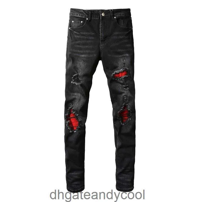 Marque Denim Amirres Jeans Designer Pantalon Noir Homme High Street Fashion Hole Jeans Personnalité Homme Patch Rouge Élastique Slim Fit Polyvalent Pieds Pantalon HAEU