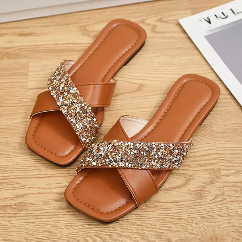 Slippers Glitter Bling Summer For Women 2023 Ladies Flat Slipper Sandaler Beach Outdoor Shoes Luxury Designer Plus Size