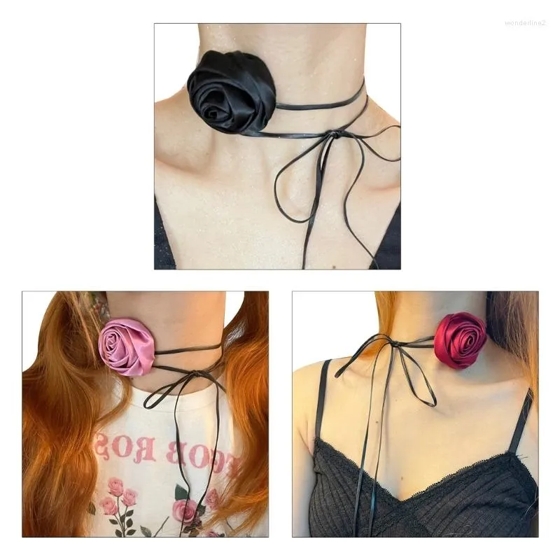 Chaînes élégante fleur de satin clavicule chaîne collier rose tour de cou clavicule