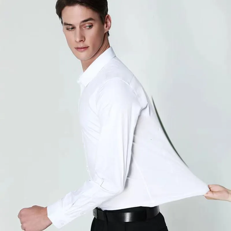 Mäns casual skjortor bambu fiber män vit skjorta långärmad elastisk antiwrinkle regelbundet passform formell social camisas plus stor storlek 8xl 7xl 6xl 5xl 230519