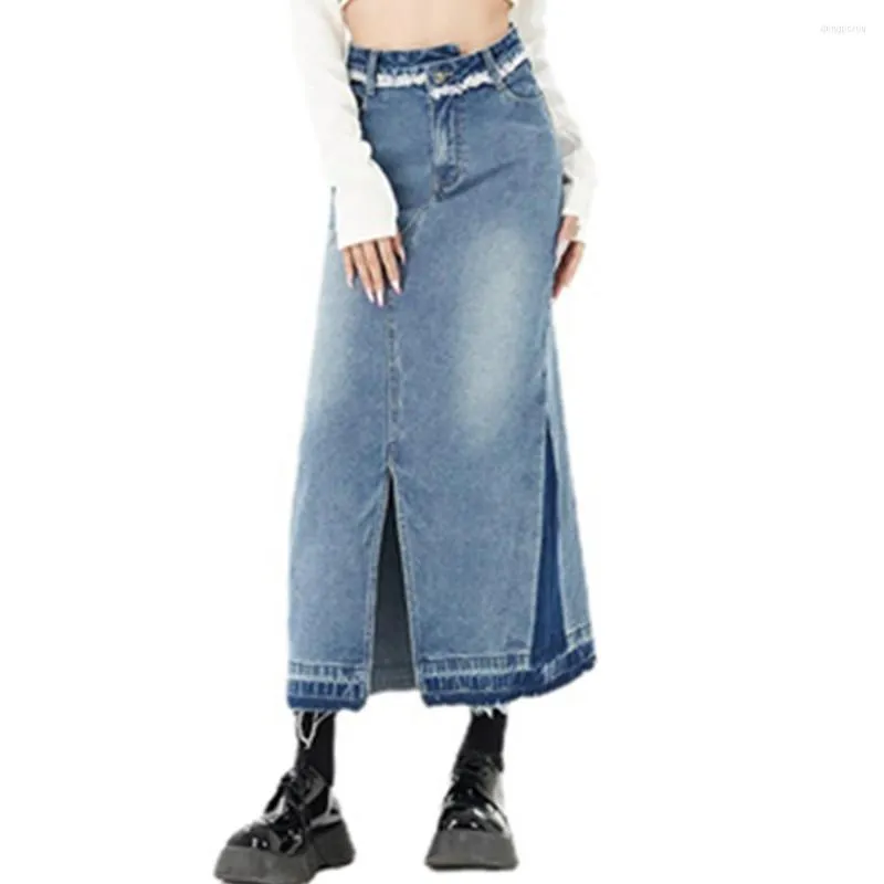 Röcke Denim Jean Für Frauen Midi Sommer Rock Koreanische Vintage Y2K Streetwear Hohe Taille Lange Womans