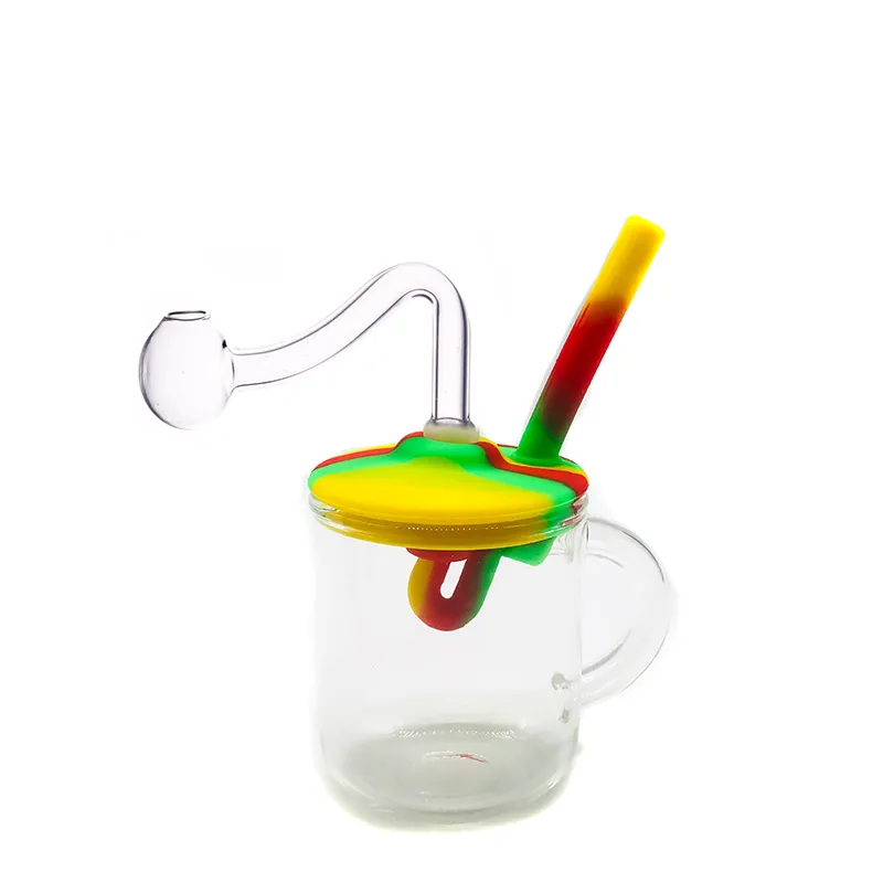 Brûleur à mazout en verre en forme de petite tasse Bangs Narguilés Multifonction Honeycomb Silicone Recycler Pipe à eau Dab Rigs avec tuyau de brûleur à mazout en verre mâle et bol