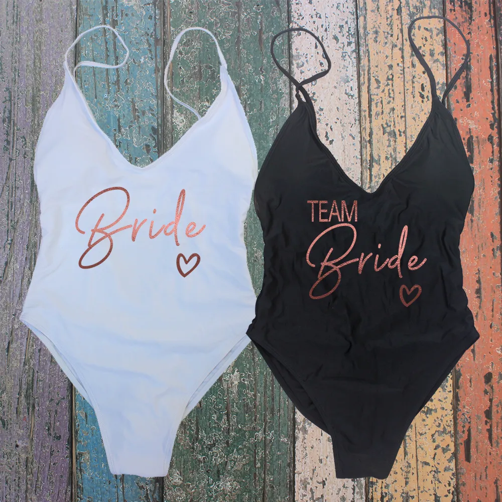 Anzüge Sexy Gepolsterte Rose Gold Druck TEAM Braut Bademode Frauen Beachwear Bachelor Party Plus Größe Badeanzug Badeanzüge 230518