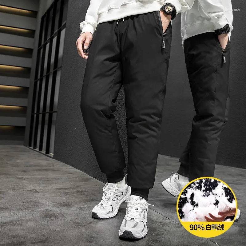 Men's Pants 2023 Winter Down Men's Outer Wear Warm Velvet Thick Slim Cotton Trendy Fashion Trousers White Duck Men