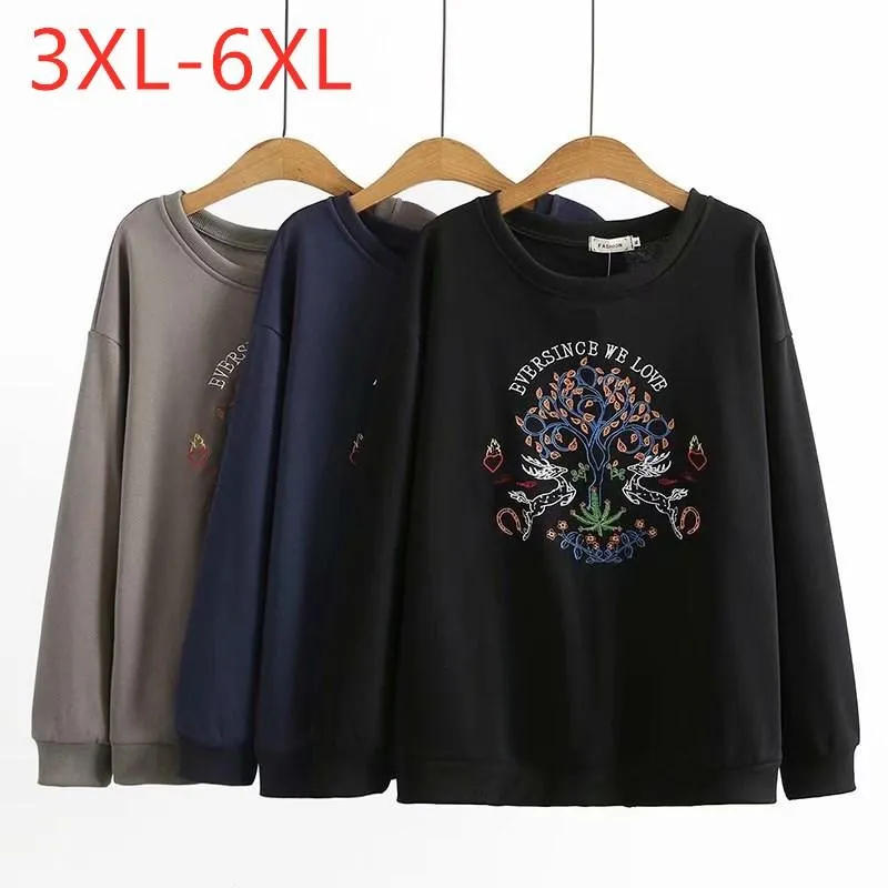 Outerwear Women's Plus Size & Coats Ladies Autumn Winter Tops For Women Large Pullover Long Sleeve Cotton Black Print Sweatshirt Coat 3XL 4X