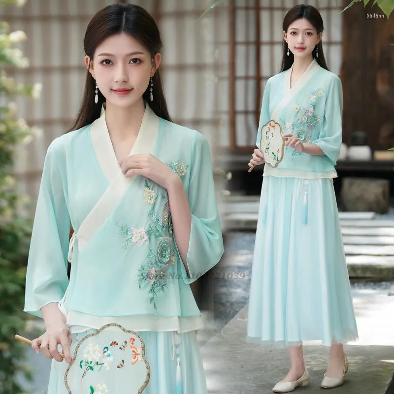 Abbigliamento etnico 2023 Hanfu Top Camicetta in chiffon tradizionale cinese Abito da donna Tang Camicie retrò ricamate con fiori nazionali