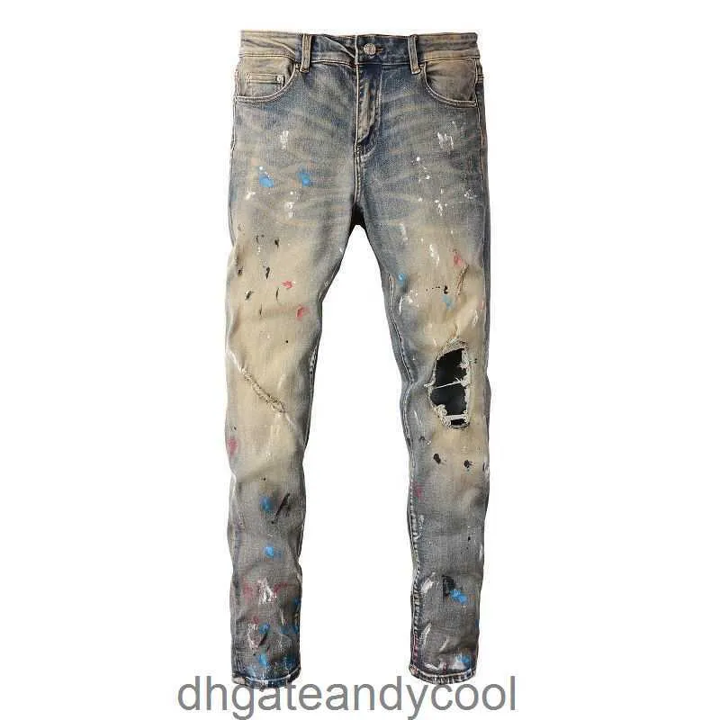 Heren Denim Amirres Jeans Designer Broek Man Amr versleten gewassen jeans persoonlijkheid mode jeugd slanke leggings man met gaten QKW4