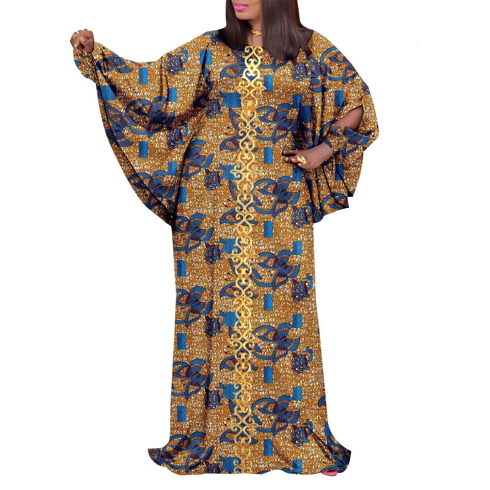 プラスサイズのドレスアフリカンサイズのドレスプリント生地ガウン刺繍パッチ長いスリーブカジュアルフロアレングスA2225152 230518