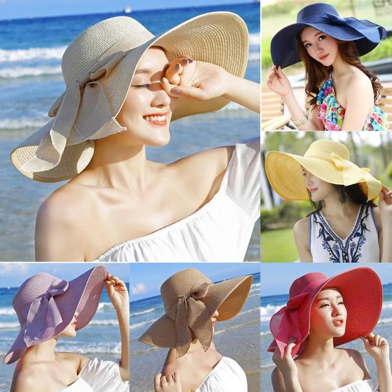 ワイドブリム帽子夏の女性麦わら帽子ソリッドカラービッグサンボウノットフロッピーパナマ女性屋外折りたたみ式ビーチキャップ