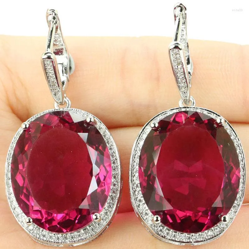 Dangle Earrings 40x21mm Deluxe Jewelry Set 17.5g Big Oval 22x18mm Created Pink Tourmaline White Cz Woman's Bride Wedding Silver Pendant