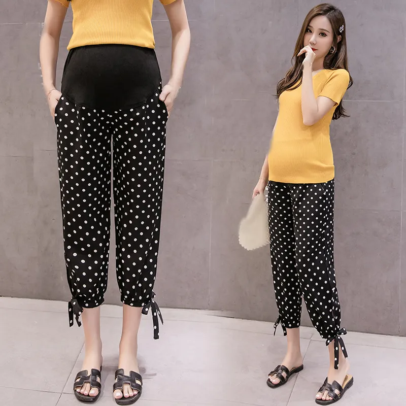 Pregnancy women summer pants black outdoor maternity clothes trendy dots printed thin style simply fashion trousers as gift for pregnancy wife ba025 B23