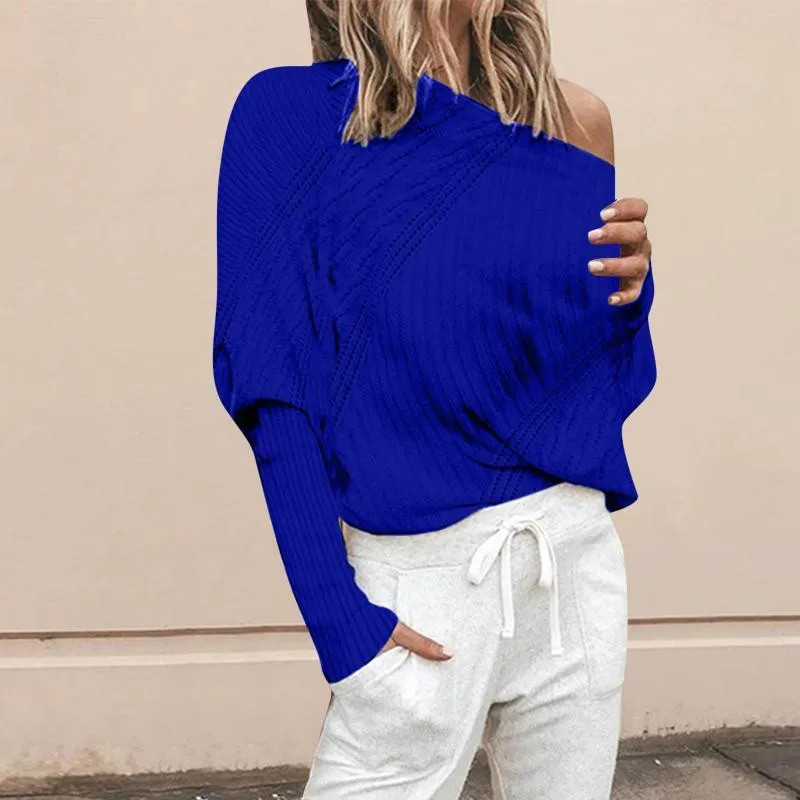 Kvinnors tröjor Fabrik Anpassad Autumn Sleeve Solid Color Loose Women Off Shoulder Pullover One Line Neck Twist Knit Tröja Top Nylon