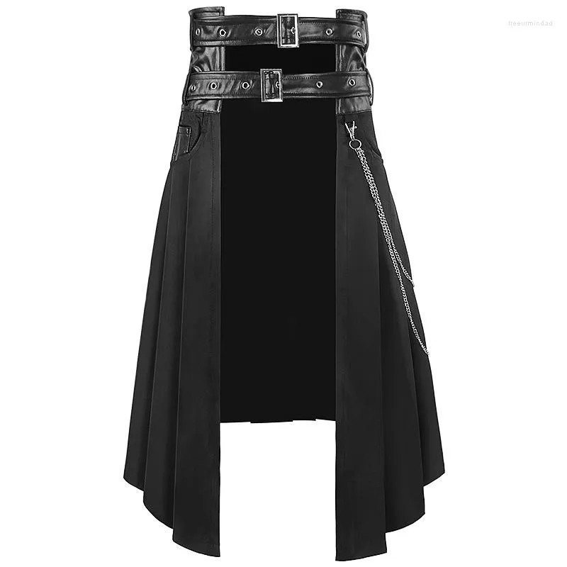 Spódnice Retro Scottish Kilt Deluxe Tartan Pu skórzana pół spódnica kobiety mężczyźni Got średniowieczne łańcuchy wojowników Halloweenowe ubranie