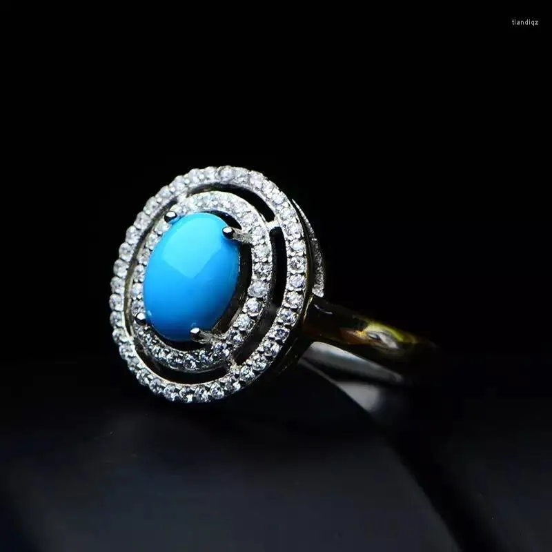 Cluster Ringe Natürlicher Blauer Türkis Ring Für Frauen Silber Edelstein 925 Sterling Mädchen Geburtstagsgeschenk Weihnachten