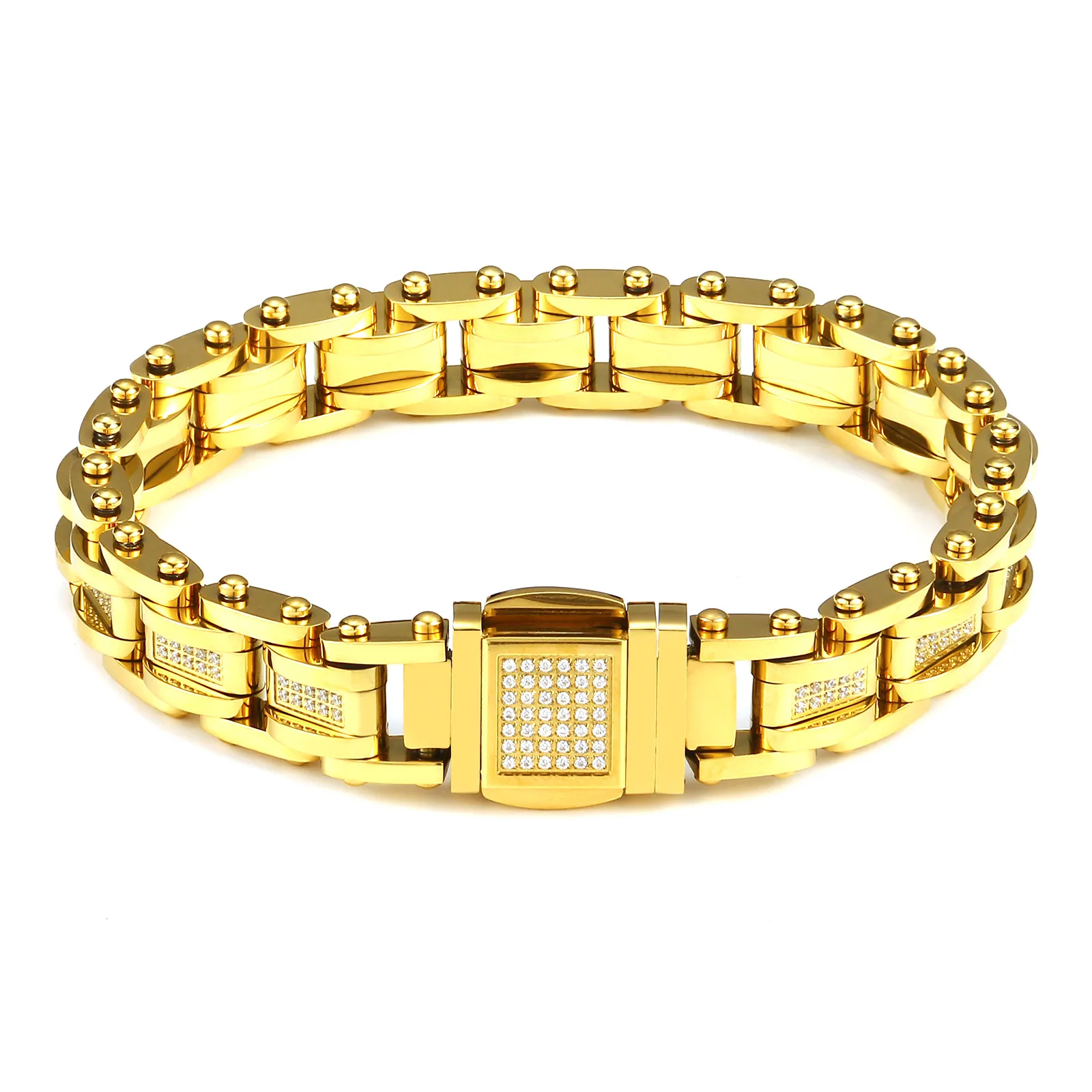 Stainless Steel 18k Gold Cuban Link Chain Bracelet for Men with Zircon  Stone Setting