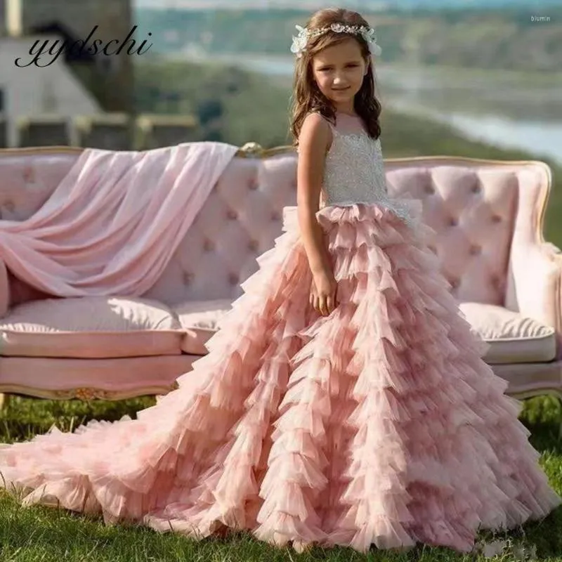 Mädchen Kleider Rosa Prinzessin Blume Spitze Applikationen Sweep Zug Perlen Ballkleid Kinder Geburtstag Party Für Hochzeit Kleid