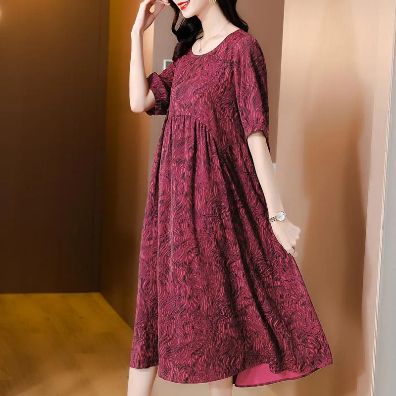 Kleid ZUOMAN Sommer Rot Floral Seide Leinen Midi Kleid Vintage Elegante 5XL Plus Größe Frauen Lange Kleid Bodycon Party Vestido