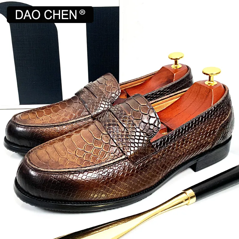 MEN LEATHER SLIP Dress BLACK COFFEE ON SNAKE PRINT DRESS MEN'S CASUAL SHOES WEDDING OFFICE BANQUET Loafers Shoes For Men 2 84 'S