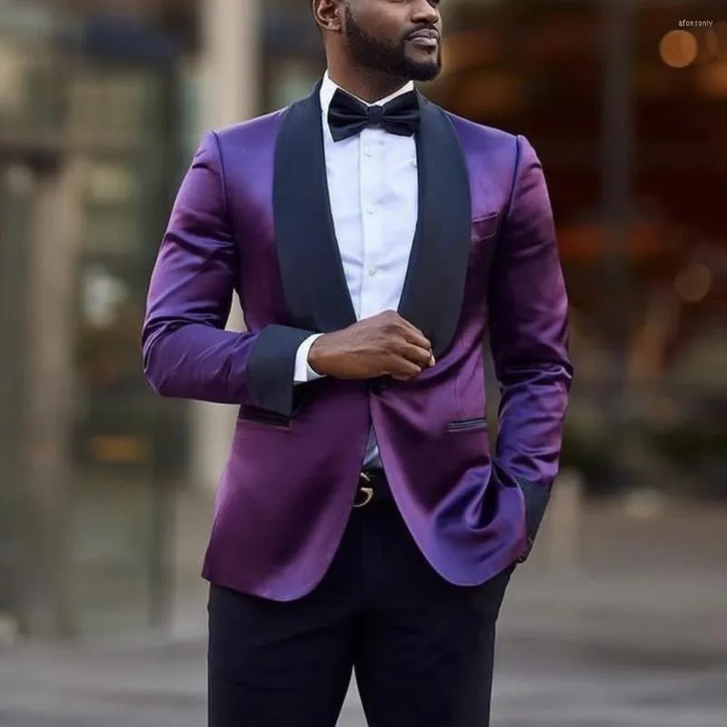 Costumes pour hommes smoking de marié veste de costume en satin violet avec pantalon noir vêtements de mariage formel 2 pièces Slim Fit ensembles pour hommes de bal grand