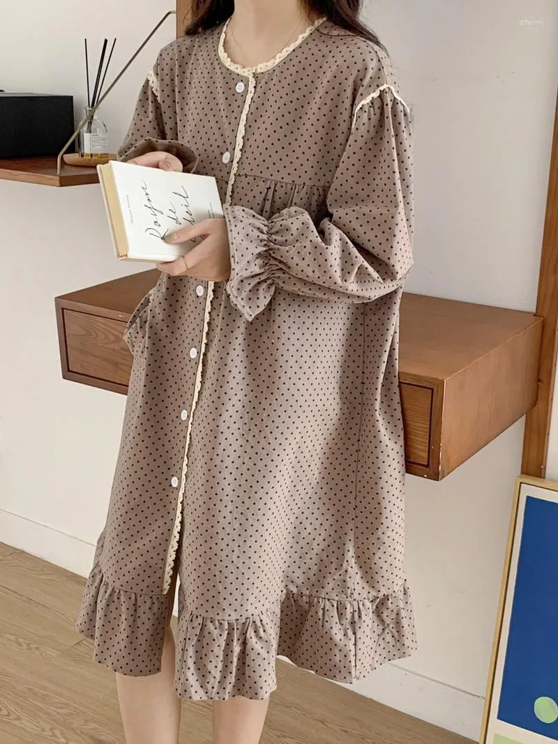 Women's Sleepwear Korean Autumn Winter Thickened Brushed Pajamas Trumpet Long Sleeves Ruffles Dot Nightdress Female Japanese Kawaii Homewear