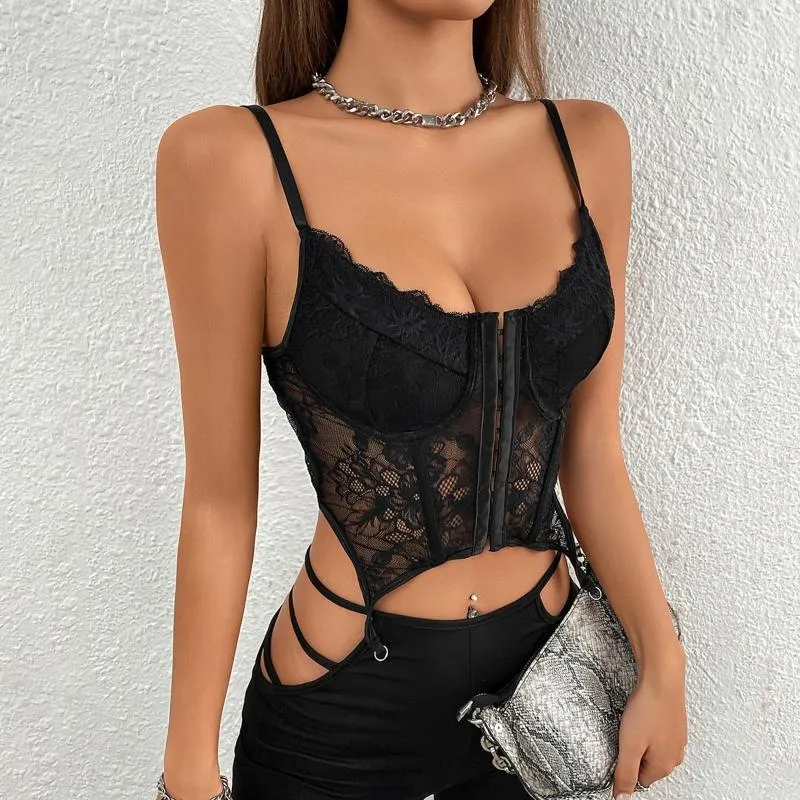 Débardeurs pour femmes été dentelle caraco bustier tubulaire avec coussinet soutien-gorge sous-vêtements court Streetwear boucle avant sans manches col en V gilet respirant