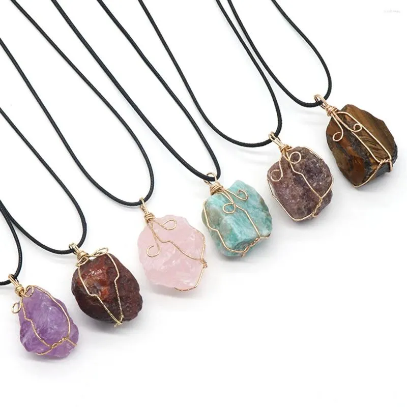 Pendentif Colliers Pierre Naturelle Minerai Or Couleur Fil Wrap Citrine Améthystes Collier Ras Du Cou Pour Femmes Mode Bijoux Cadeaux