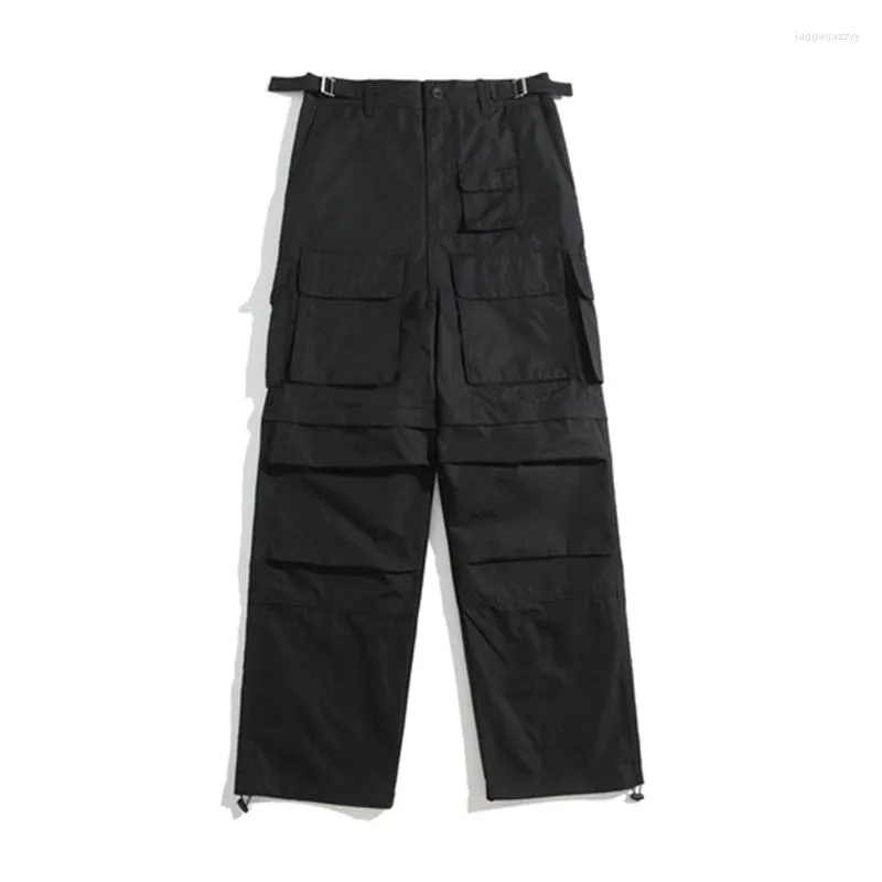 Pantalon Homme Multi-poches Noir Genou Détachable Droit Homme Cargo Rétro Streetwear Jambe Large Couleur Unie Baggy Pantalon Surdimensionné