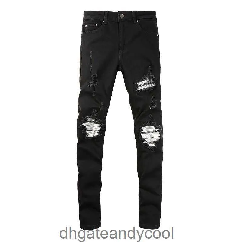 Брюки с высокой модной джинсовой тканью Man Amirres Brand Jeans Street Black Designer Come Water, и разбитая дыра, сделанная старым лоскутным швейным кругом MX1 Elastic Slim Fit Denim Bants M ENA2