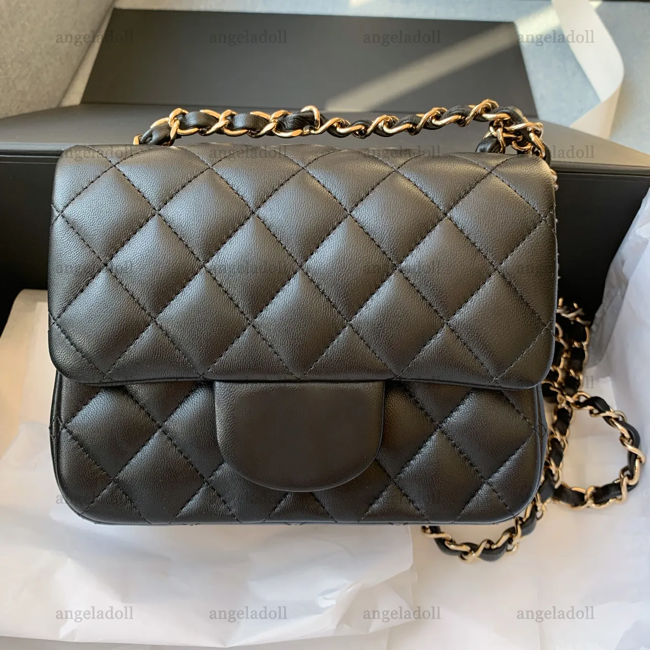 Luxurious Designer Mini Square Flap Handbag in Real Leather Black Quilted  Purse with Shoulder Chain