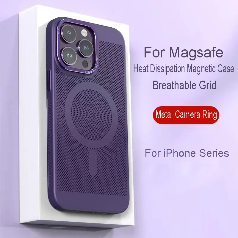Cooling Breathable Mesh For Magsafe Magnetic Case For iPhone 14 13 12 11 Pro Max 14Plus Metal Lens Frame Wireless Charging Heat Dissipation Steel Back Cover