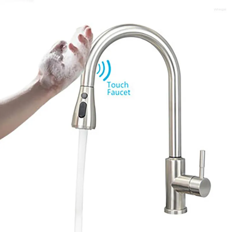 Kökskranar 304 Smart Touch Faucet Tapware Borsted Poll Out Infrared Sensor Black/Nickel Water Mixer Taps
