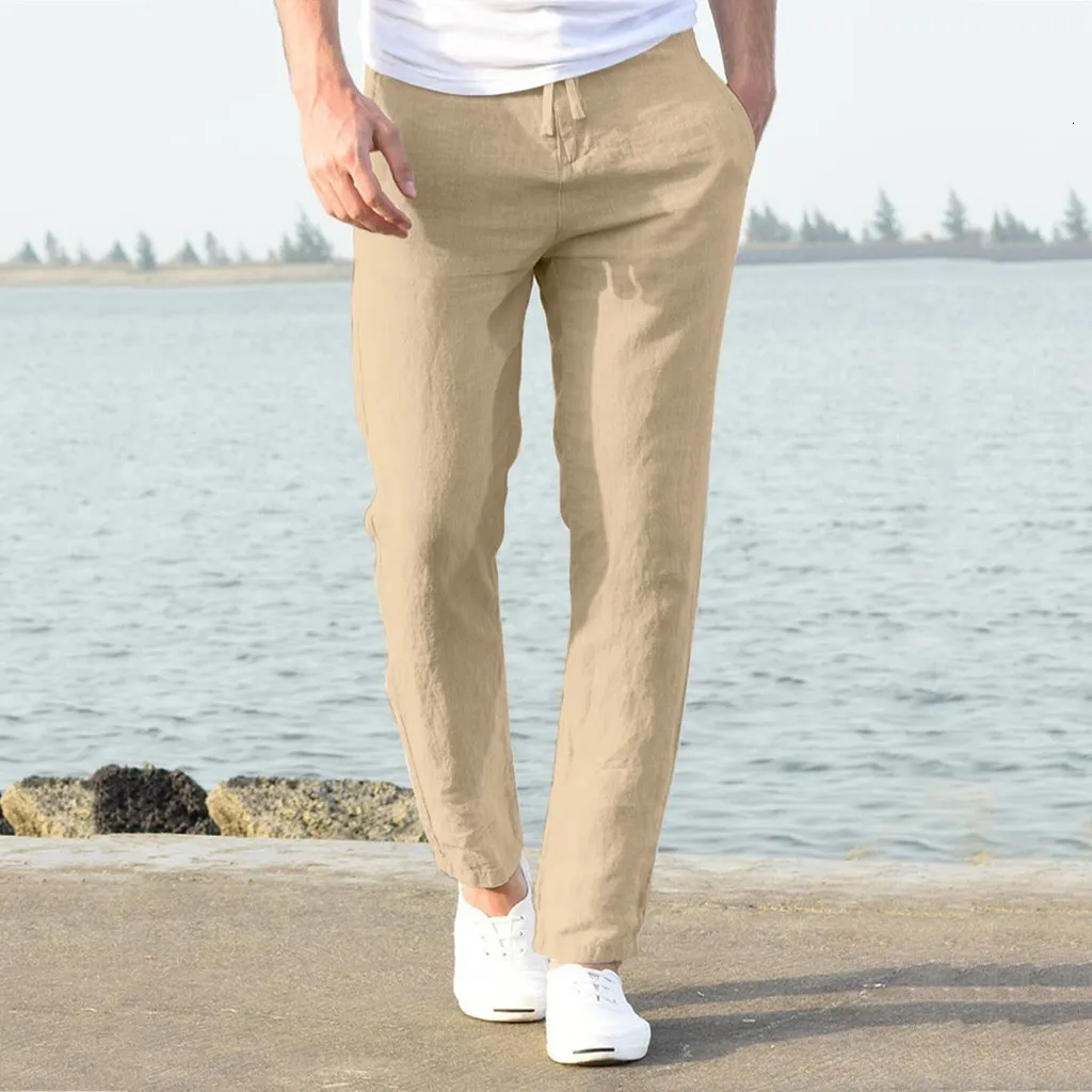 Herenbroek katoen linnen vaste casual losse mannen kleding elastische taille ademende fitness pantalon homme 230519