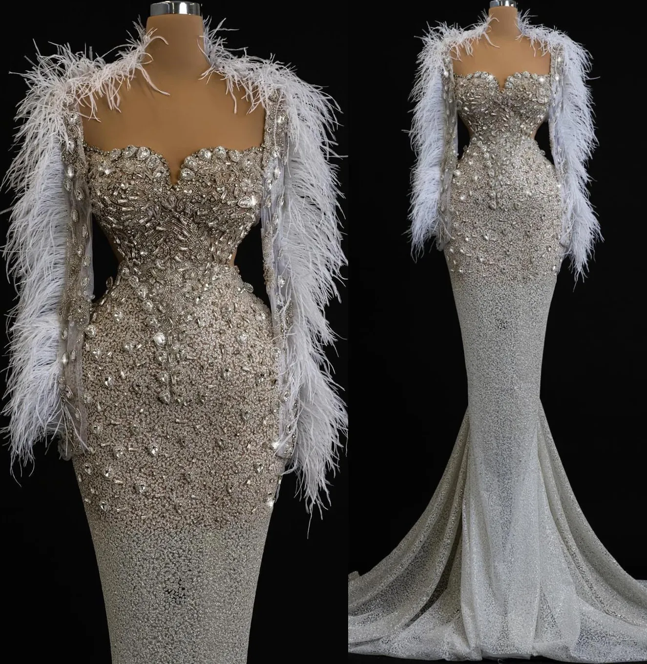 Arabic Mermaid Feather Wedding Dress With Beaded Crystals, Feather ...