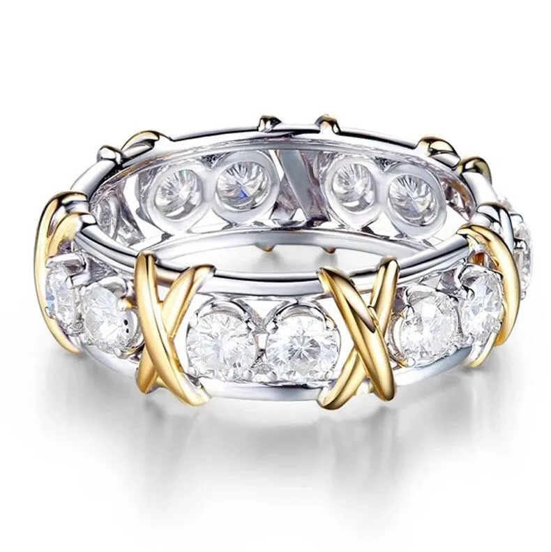 Großhandel Professionelle Eternity Diamonique CZ simulierter Diamant 10KT Weiß-Gelb-Gold gefüllter Ehering Kreuzring Größe 6-11