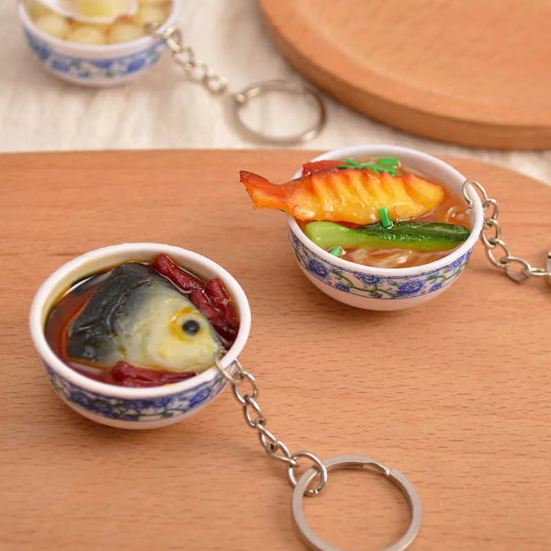 Keychains Creative Kids Toys Simulation Food Charms Noodle Keychain Chinese Blue White Porcelain Food Bowl Mini Cell Phone Strap Pendant