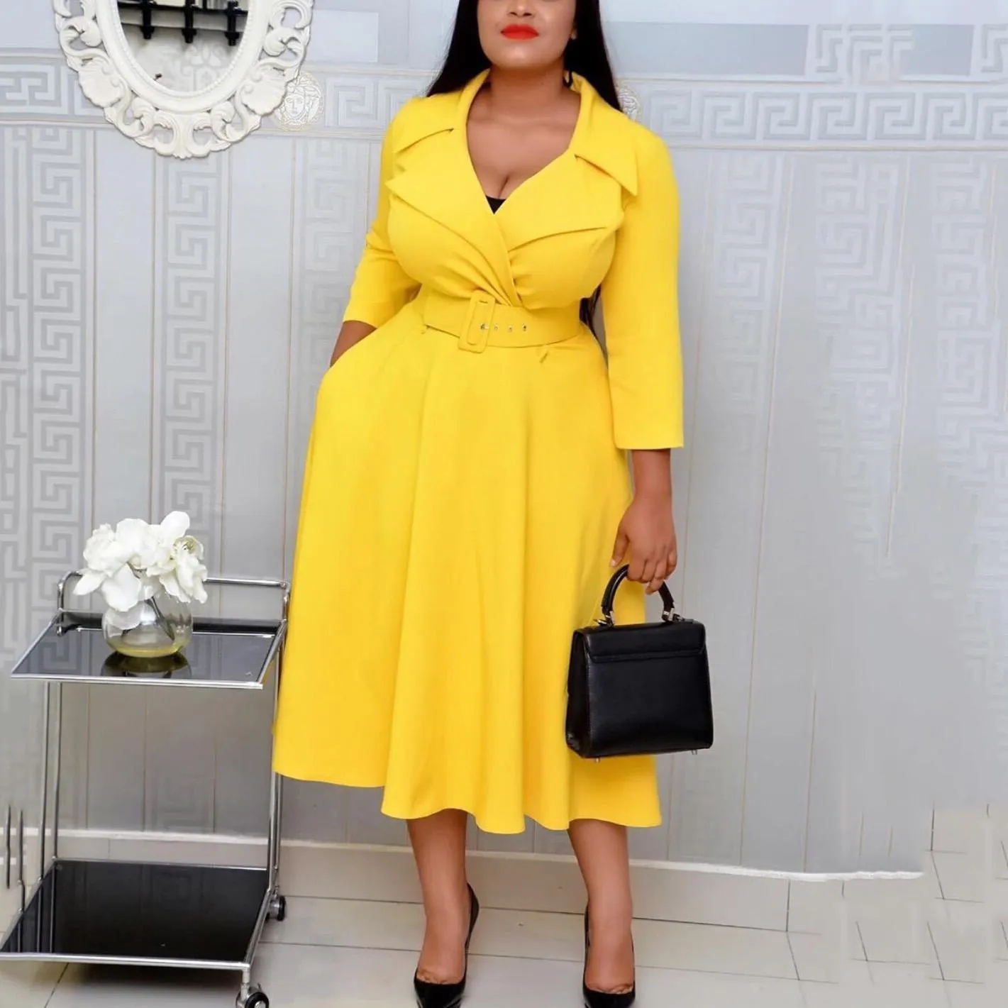 Dresses African Fashion Women Dresses Office Style High Waist A Line Yellow Mid Calf Elegant Business Work Wear Clothes Dress Midi New