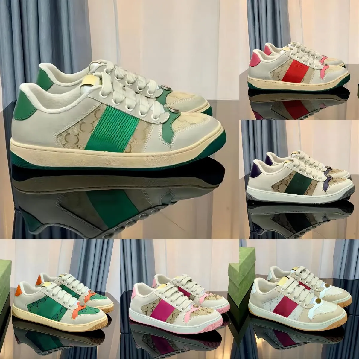 New Arrival Italy Dirty Leather Shoe Green Red Stripe Luxurys Designers Canvas Ace Casual Shoes Classic Butter Distressed Screenning Sneakers Do-old Elastic